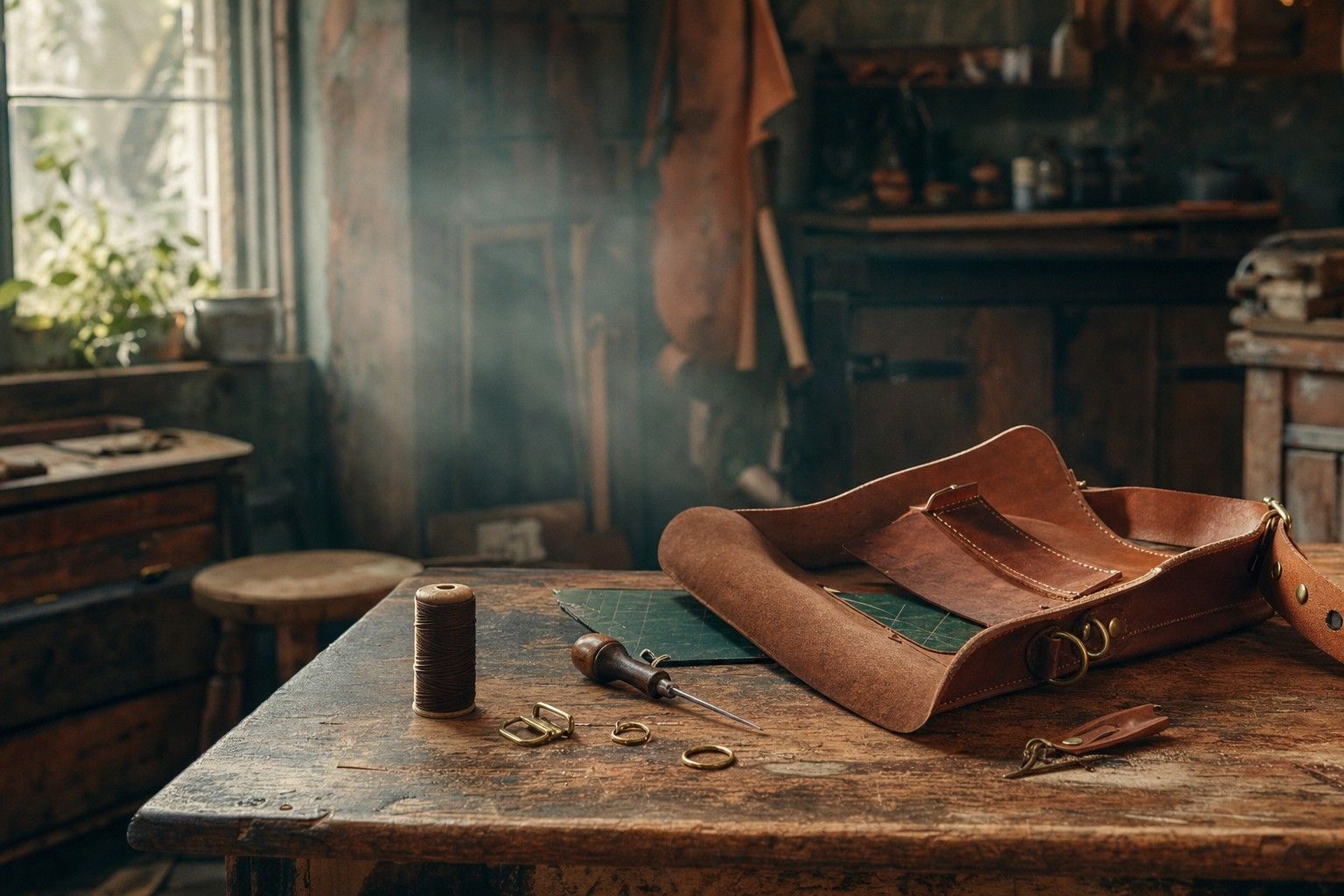 A leatherworker's bench with a half-finished bag, waxed thread and an awl in the light