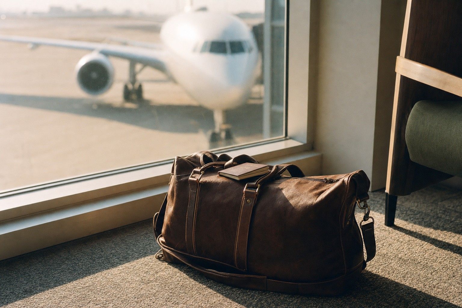A dark brown leather weekender on the floor of an airport gate, a plane outside the window