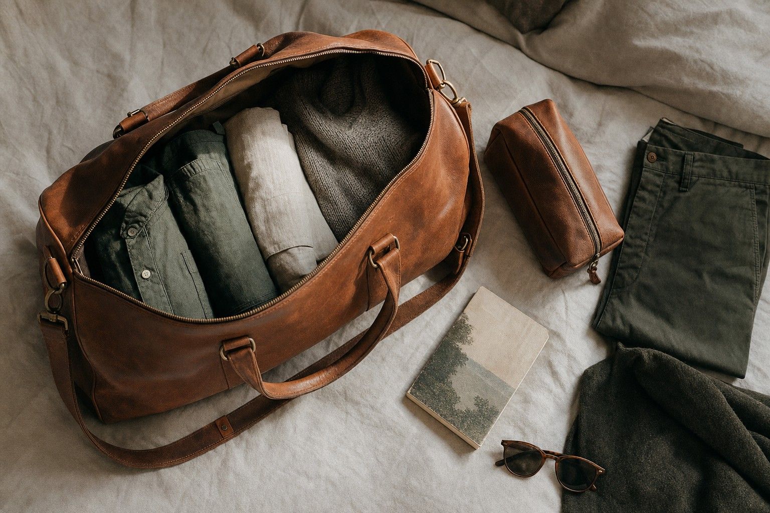 An open leather duffle on a linen bed with rolled shirts, a sweater and a dopp kit laid around it