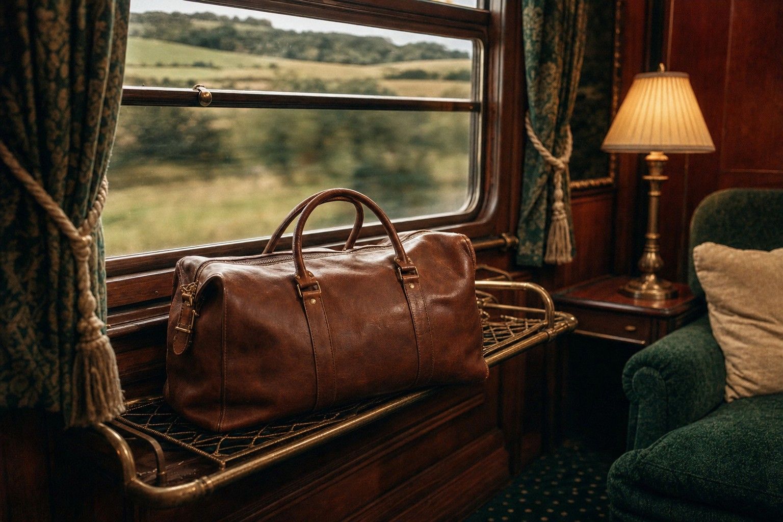 A leather weekender bag on the luggage rack of an old wood-paneled railway carriage